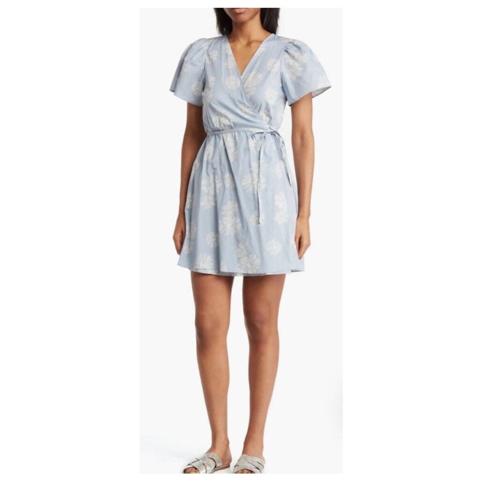 Madewell Floral Cotton Wrap Mini Dress Dusty Blue Size Small